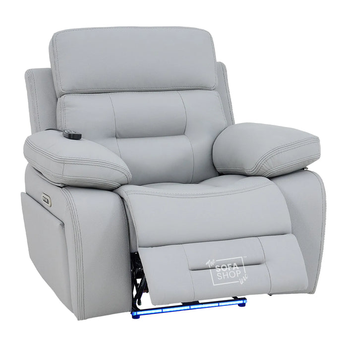1 Seater Cinema Chair in Light Grey Genuine Leather | Hi-Tech Cinema Chair with Power Recline + Power Headrest + Vibration Massage + Heated Lumbar + Side Storage & Power Grommet | Sicily | The Sofa Shop
