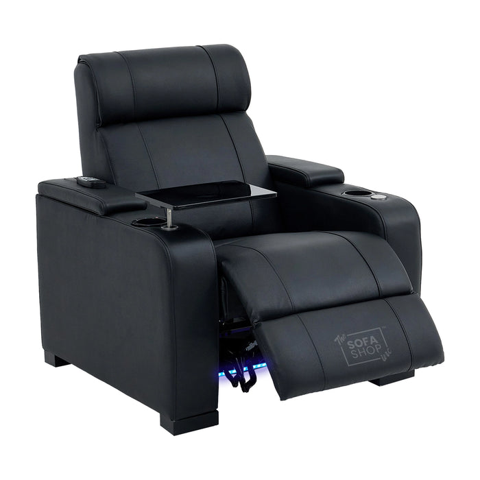 1 Seater Black Genuine Leather Electric Recliner Cinema Chair | Power Seat With Massage, Heat, Cooling Cup Holder & Detachable Tray Table | Rimini | The Sofa Shop