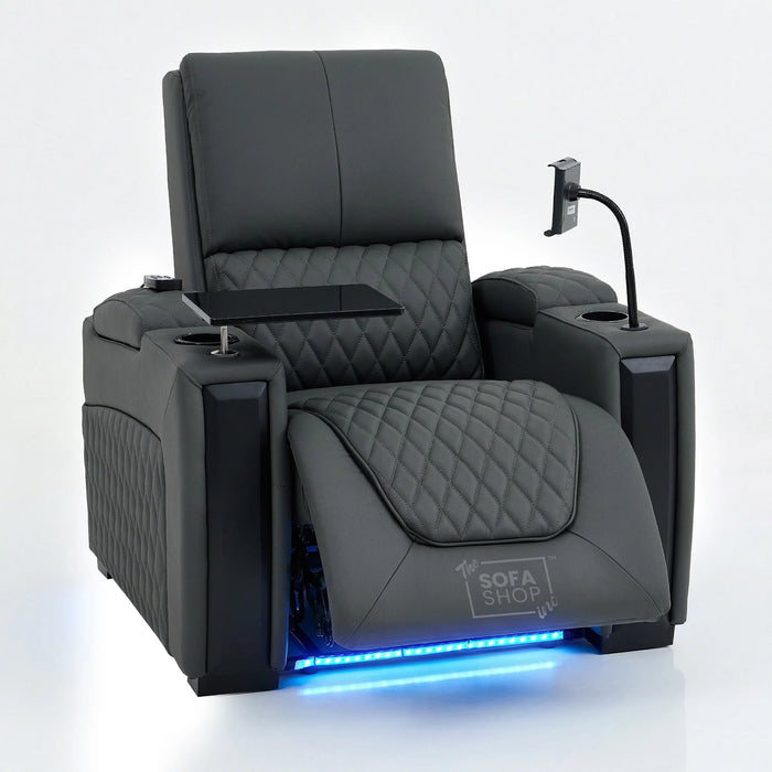 1 Seat Real Leather Electric Recliner Home Cinema Chair in Grey With Massage + Low Heated Lumbar + Cup Holders + Storage Compartments | Assisi