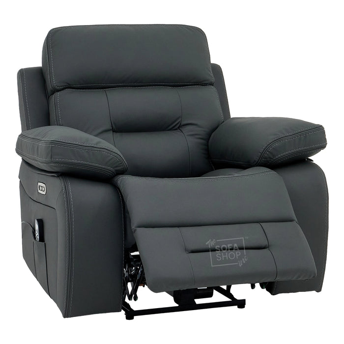 Electric Recliner Chair In Grey Real Leather | Hi-Tech Cinema Seat with Power Headrest, Massage, Heat & USB Charging Button | Grey Real Leather | Sicily