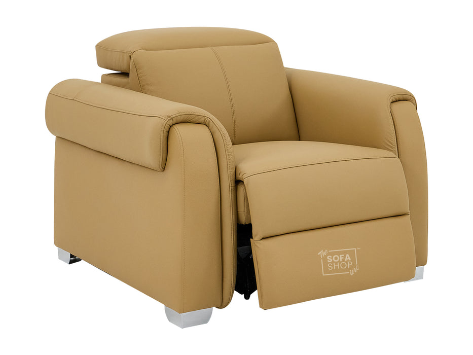 Real Leather Electric Recliner Chair In Tan | Hi-Tech Chair with Massage, Power Headrest + USB Charging Ports | Turin