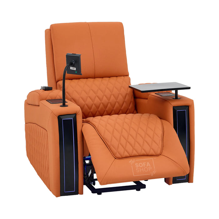 1 Seater Electric Dual Lift Riser Cinema Chair | Power Recline, Heated Lumbar + Massage & Cooling & Heating Cup Holders | Orange Real Leather Riser Armchair with Tray Tables | Assisi | The Sofa Shop