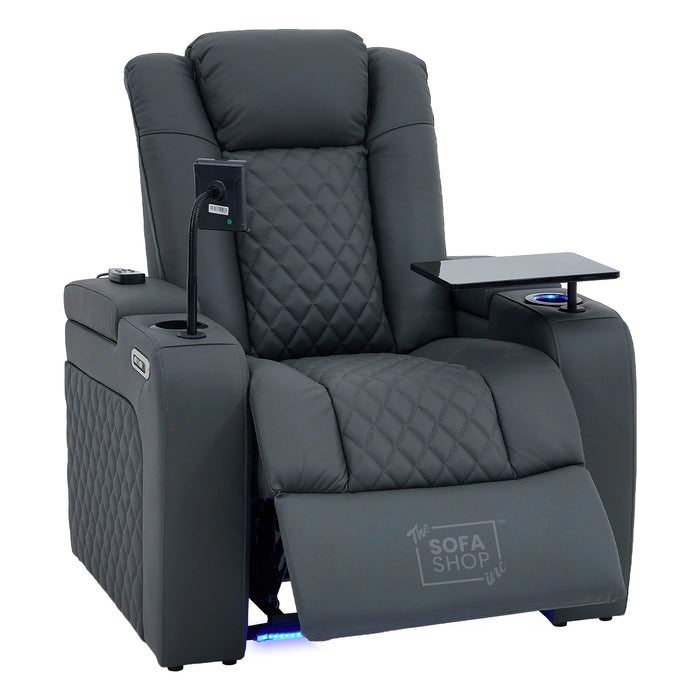 1 Seater Grey Real Leather Electric Recliner Cinema Chair | Hi-Tech Armchair With Vibration Massage, Heated Lumbar, Power Headrest, Cooling + Heating Cup Holders & Power Grommet | Milano | The Sofa Shop
