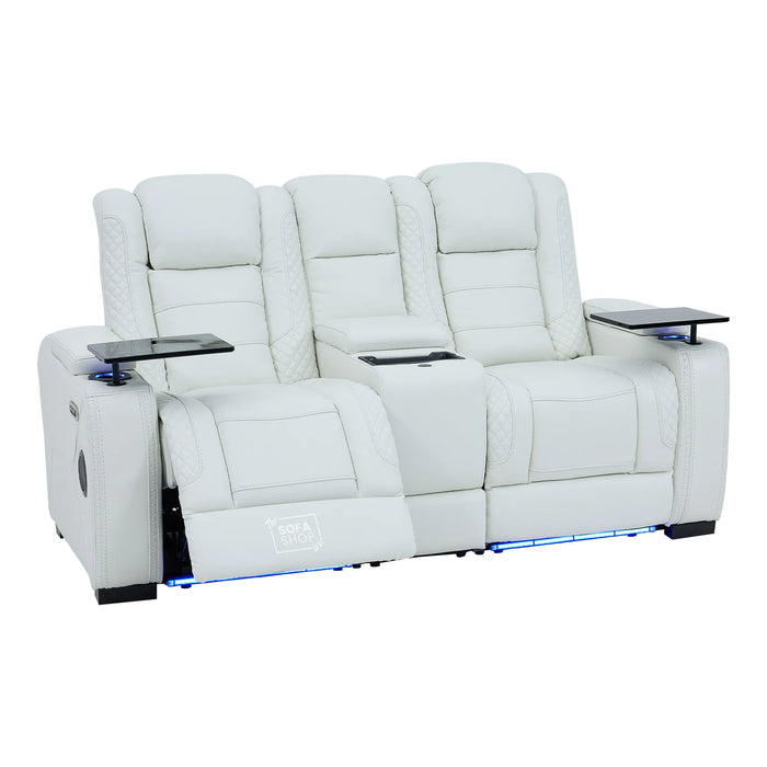 2 Seater Cinema Sofa in White Genuine Leather | Hi-Tech Console Couch with Power Recline + Power Headrests + Sockets + Speakers + Cooling Cupholders | Napoli | The Sofa Shop