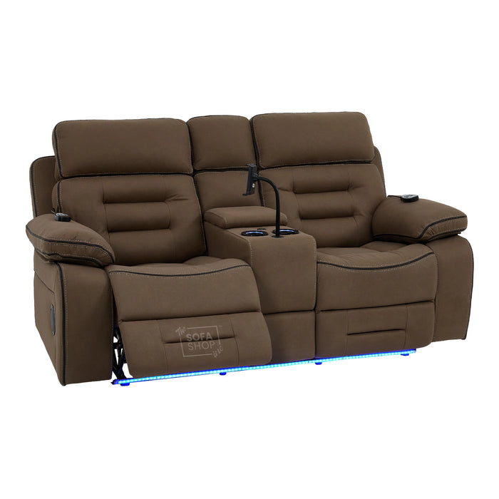 2 Seater Mocha Brown Fabric Electric Recliner Cinema Sofa with Massage, Heated Lumbar, Console, Bluetooth Speakers & LED Lights | Tuscany | The Sofa Shop