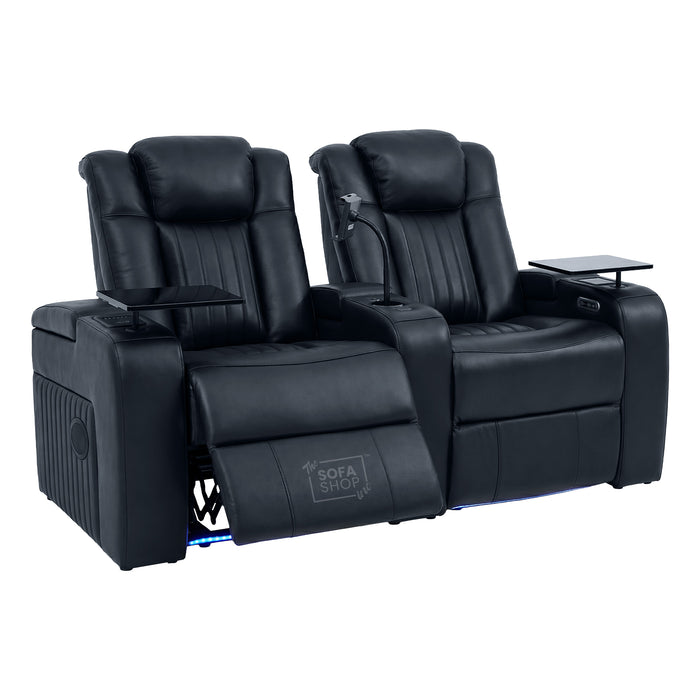 2 Seater Cinema Sofa in Black Real Leather | Hi-Tech Console Couch with Massage & Heated Lumbar, Wireless Charging, Heat & Cool Cupholders, Bluetooth Speakers & Multi-Link | Capri | The Sofa Shop