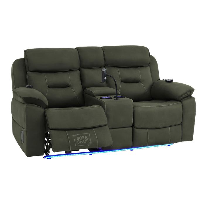 Green Fabric 2 Seater Electric Recliner Sofa | Hi-Tech Couch With Vibration Massage, Heated Lumbar, Multi-Link Bluetooth Speaker, Cooling & heating Cup Holders & Power Headrest | Florence | The Sofa Shop