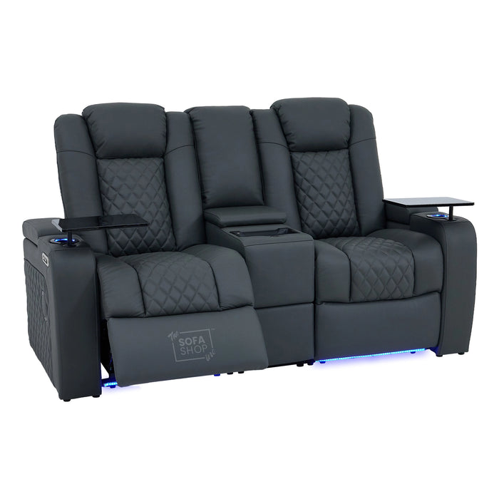 2 Seater Grey Real Leather Electric Recliner Cinema Sofa | Hi-Tech Couch With Power Headrest, Bluetooth Speakers, Wireless Charging, Cooling + Heating Cup Holder & Power Grommet  | Milano