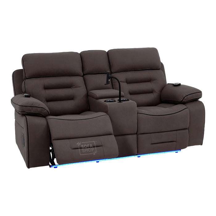 2 Seater Dark Brown Fabric Electric Recliner Home Theatre Sofa with Middle Console | Hi-Tech Sofa with 8-Point Massage, Heated Lumbar, Multi-Link Bluetooth, Cooling & Heating Cupholders | Tuscany | The Sofa Shop