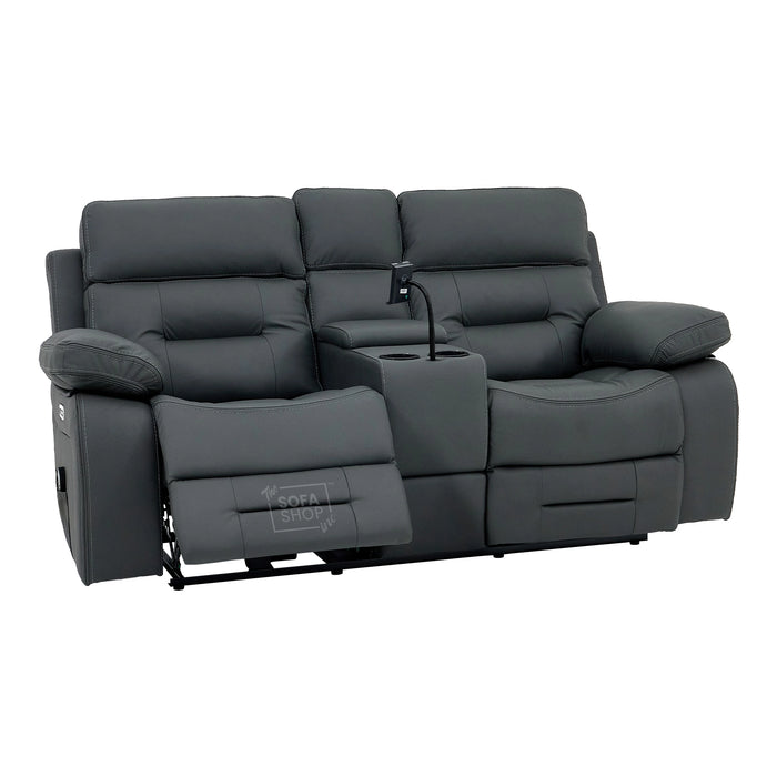 2 Seater Real Leather Electric Recliner Cinema Sofa in Grey | Massage, Heated Lumbar, Console & Cooling Cup Holders | Sicily | The Sofa Shop