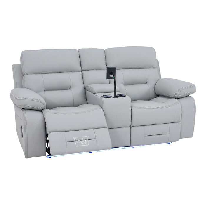 2 Seater Cinema Sofa in Light Grey Genuine Leather | Hi-Tech Console Couch with Power Recline + Power Headrests + Speakers + Cooling Cupholders | Sicily | The Sofa Shop