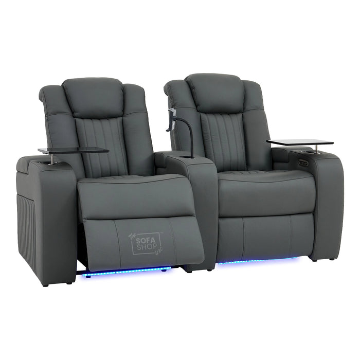 2 Seater Grey Real Leather Electric Recliner Cinema Sofa | Massage, Power Headrests & Tray Tables | Capri | The Sofa Shop