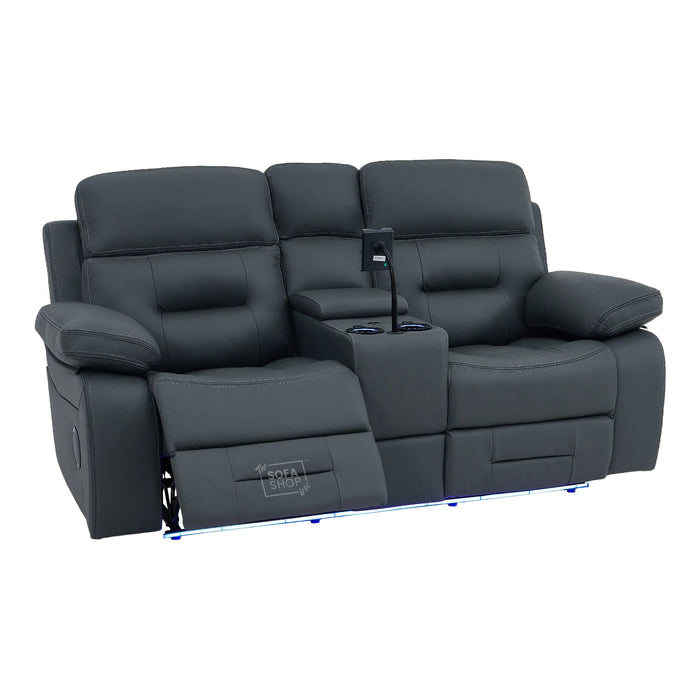 2 Seater Cinema Sofa in Grey Genuine Leather | Hi-Tech Console Couch with Power Recline + Power Headrests + Speakers + Cooling Cupholders | Sicily | The Sofa Shop