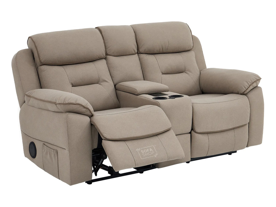 2 Seat Electric Recliner Home Cinema Sofa | Fabric Couch In Beige | Hi-Tech Sofa with Power Recliners, Chilled Cup Holders + Wireless Charging + Console + USB | Florence | The Sofa Shop