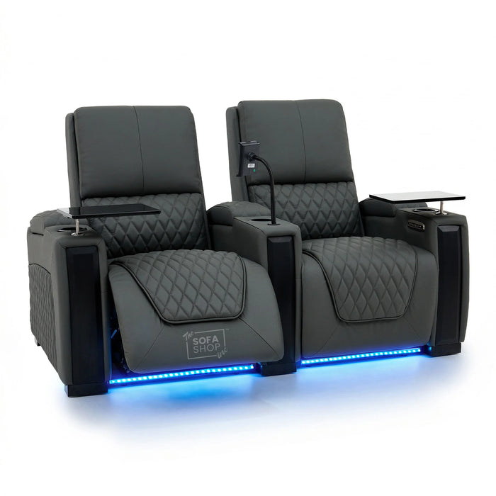 2 Seat Real Leather Electric Recliner Home Cinema Theatre Sofa In Grey With Multi-Position Reclining + LED Cup Holders & Lumbar Support | Assisi