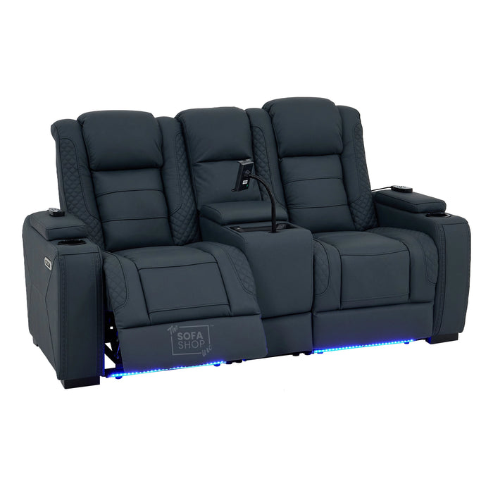 2 Seater Blue Real Leather Electric Recliner Cinema Sofa | Massage, Heat, Console, Wireless Charging & Cooling Cup Holders | Napoli