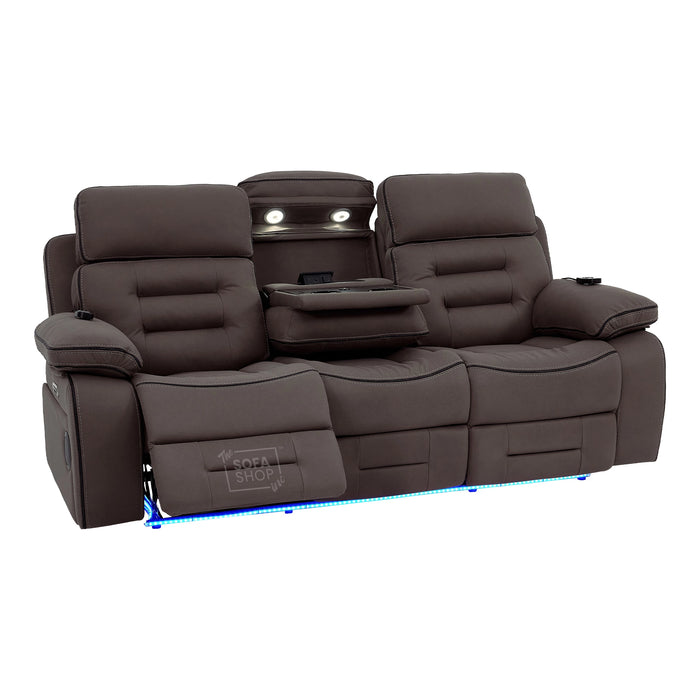 3 Seater Electric Recliner Cinema Sofa in Dark Brown Fabric | Hi-Tech Sofa With Massage, Fold-Down Table, Bluetooth Speakers, LED Lights & Power Headrest | Tuscany | The Sofa Shop