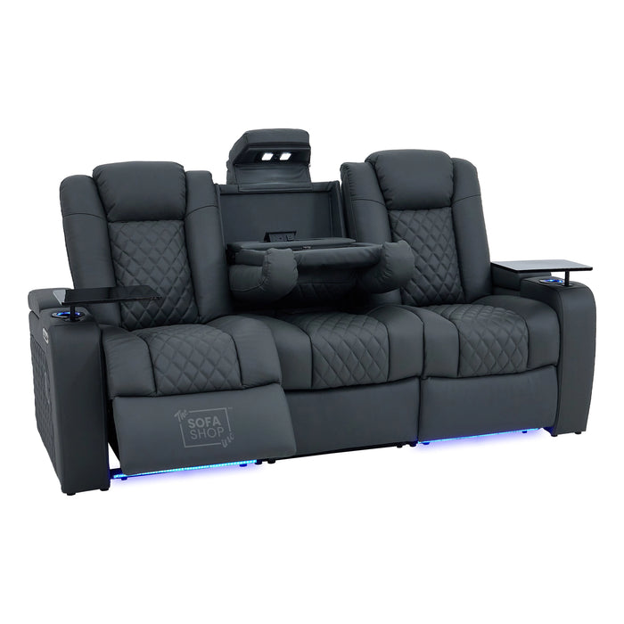 3 Seater Grey Real Leather Electric Recliner Cinema Sofa | Hi-Tech Couch With Multi-Link Bluetooth Speakers, Cooling + Heating Cup Holder, Wireless Charging, Fold Down Table, Food Trays & Power Grommet | Milano | The Sofa Shop