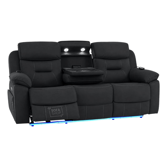 3 Seater Electric Recliner Couch in Charcoal Grey Fabric | Hi-Tech Sofa with Vibration Massage + Heated Lumbar + Power Grommet + Multi-Link Bluetooth + Power Headrests | Florence | The Sofa Shop