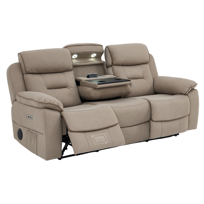 3 Seater Hi-Tech Electric Recliner Sofa In Beige Fabric | Adjustable Headrests & Bluetooth Speakers & USB-C | Florence | The Sofa Shop