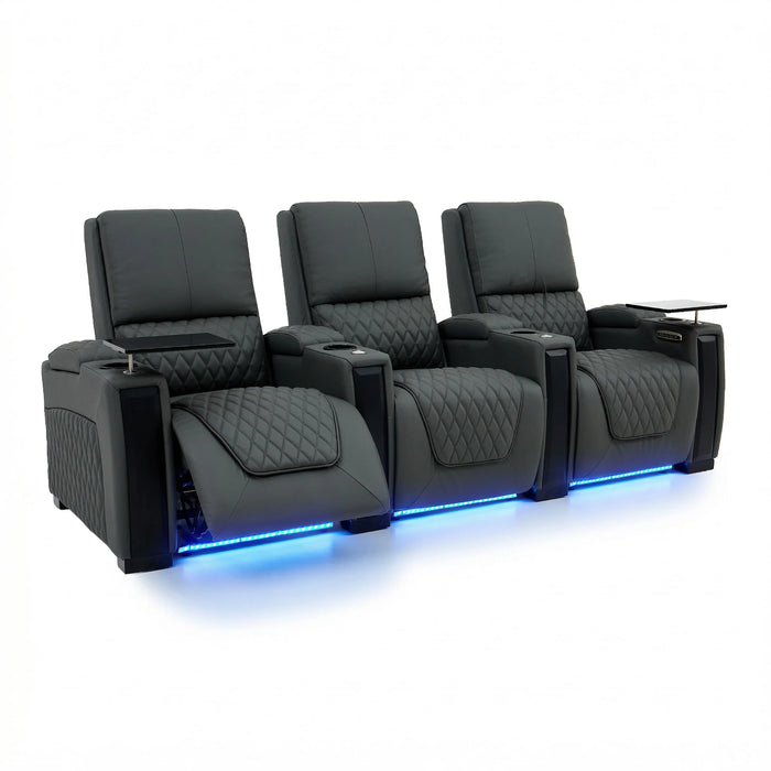 3 Seat Real Leather Electric Recliner Home Cinema Theatre Sofa In Grey with Chilled Cupholder + USB C to Stay Charged + Fully Reclining Seats & Lumbar Support | Assisi