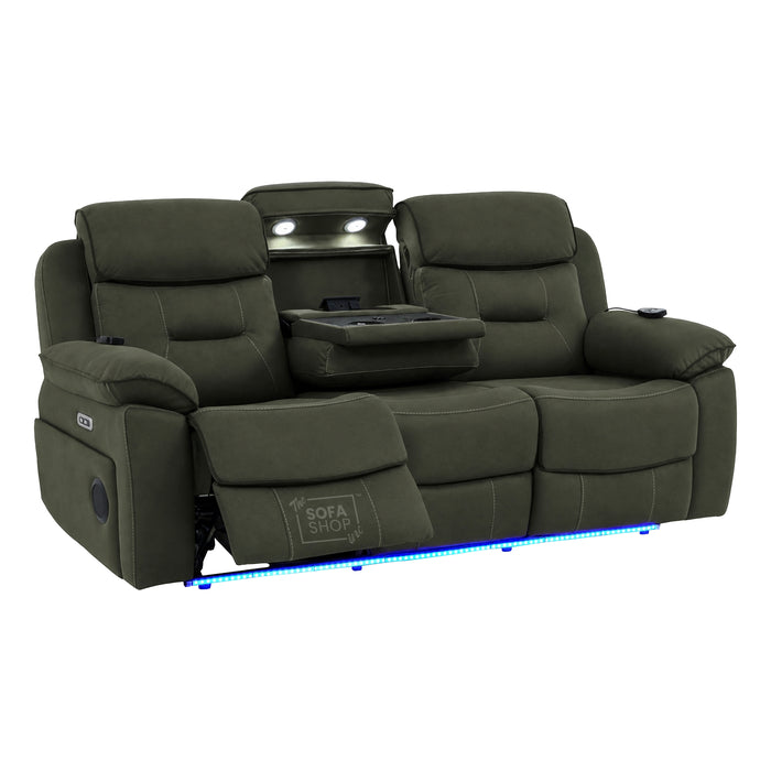 3 Seater Fabric Electric Recliner Sofa With Vibration Massage & Heating | Integrated Wireless Charging + Multi-Link Bluetooth | Green Fabric | Power Headrests & Fold-Down Table | Florence | The Sofa Shop