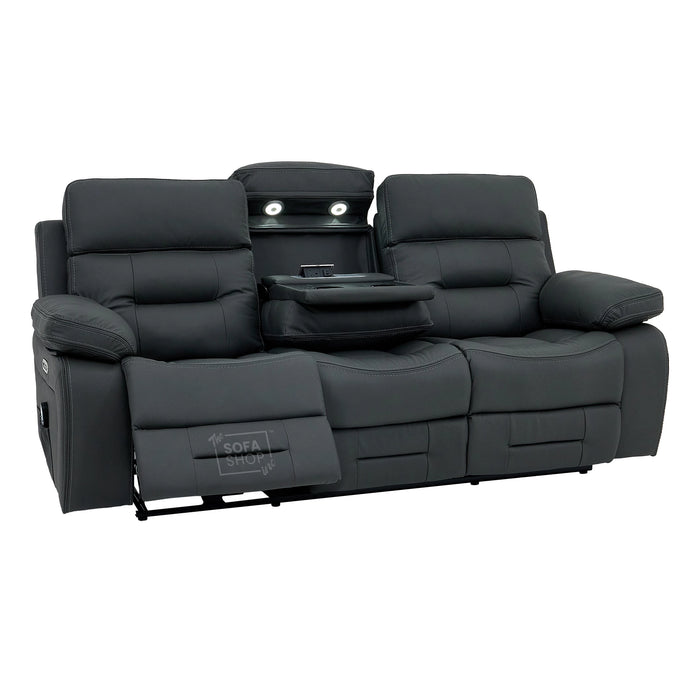 3 Seater Electric Recliner Cinema Sofa in Grey Real Leather | Hi-Tech Cinema Seats with Massage, Drop-Down Table, LED Reading Light, Power Headrest, Power Recliner, Storage Drawer, Heating, USB & Wireless Charging | Sicily