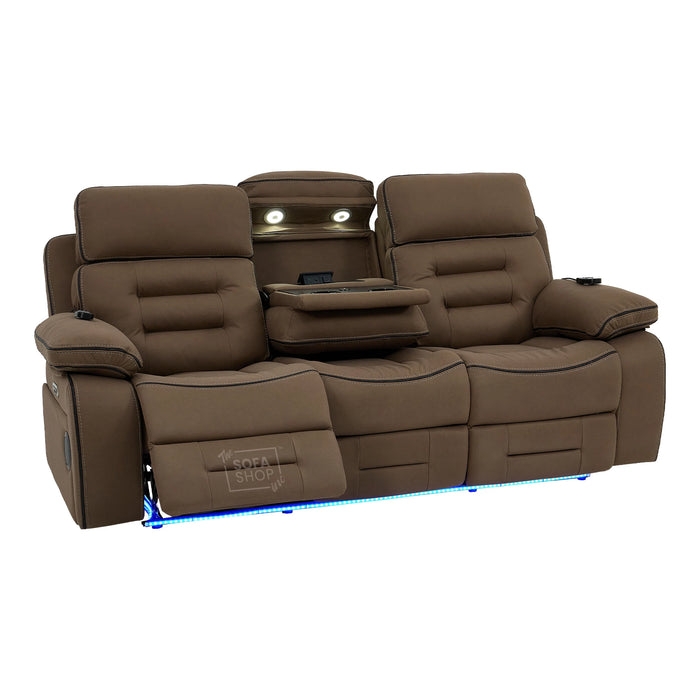 3 Seater Electric Recliner Cinema Sofa in Mocha Brown Fabric | Hi-Tech Sofa With Massage, Heat, Fold-Down Table, Bluetooth Speakers, LED Lights & Power Headrest | Tuscany | The Sofa Shop