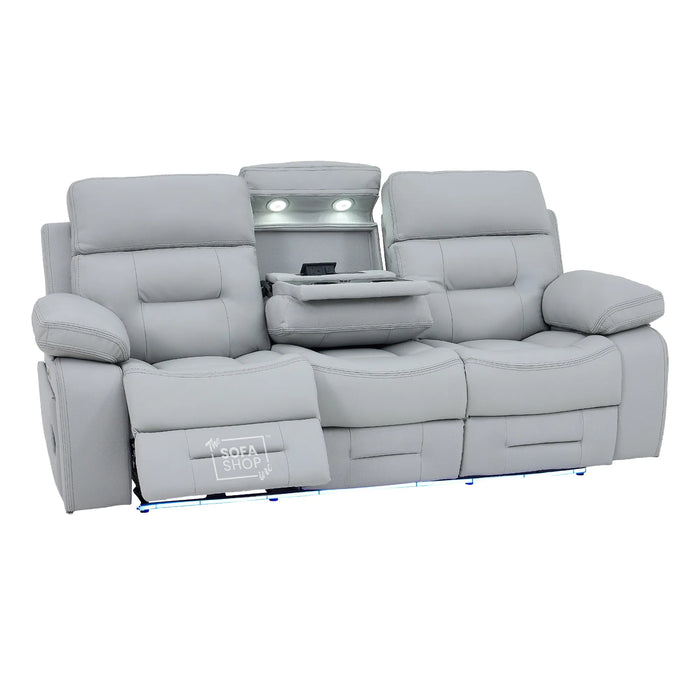 3 Seater Cinema Sofa in Light Grey Genuine Leather | Hi-Tech Couch with Power Recline + Power Headrests + Wireless Charging + Speakers | Sicily | The Sofa Shop