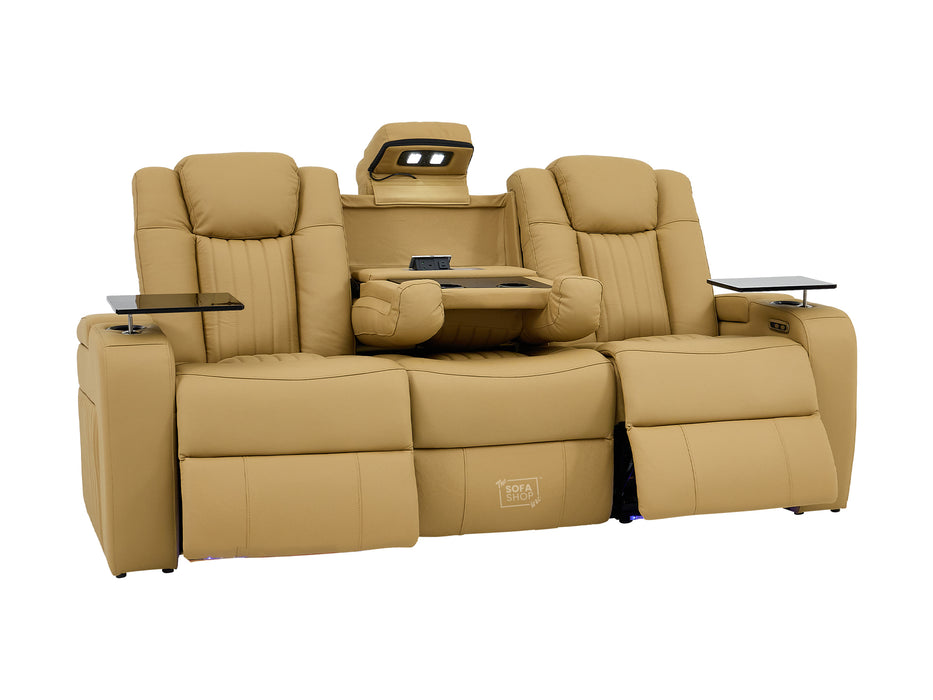 3 Seater Real Leather Electric Recliner Cinema Sofa in Tan | Recliner Couch With Massage, Power Recliners, Power Headrests, Led Reading & Tray Tables | Capri | The Sofa Shop