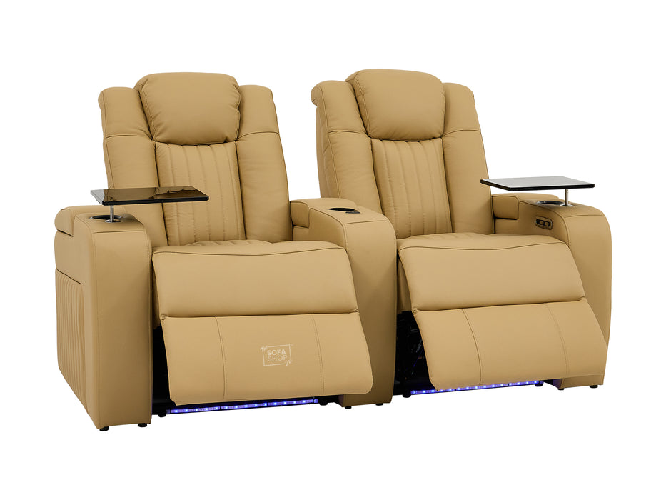 2 Seater Real Leather Power Recliner Sofa in Tan | Cinema Sofa with Console & USB Charging, Cup Holders, Storage, LED Lights & Massage | Capri