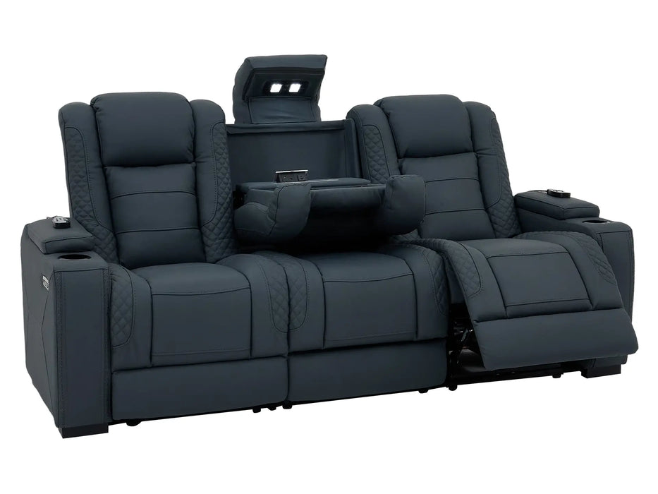 3+2 Cinema Sofa Set in Blue Genuine Leather with Massage, Drop-Down Table, Cup Holders, LED Reading Light, Power Recliner, USB Ports, Socket Set & Storage | Blue Leather | Napoli | The Sofa Shop