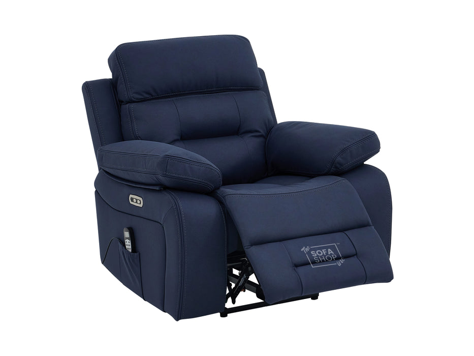 3+1 Electric Recliner Sofa Suite in Blue Resillience Fabric | Hi-Tech Cinema Set with Massage, Drop-Down Table, Power Headrest, Power Recliner, Storage Drawer, USB & Wireless Charging | Sicily