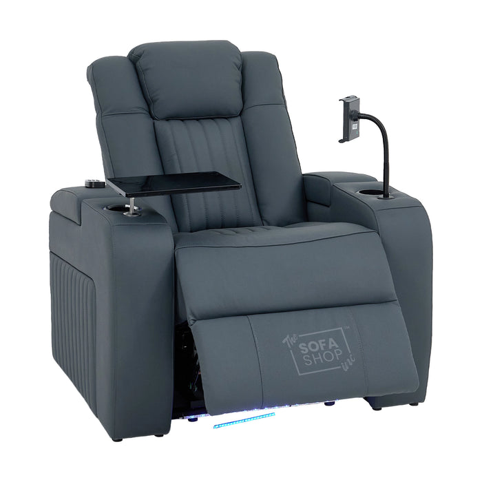 Real Leather Recliner Chair In Blue with Power Headrest, Power Recline, Massage, Heating, USB Charging, Cooling Cup Holder & Tray Table | Capri