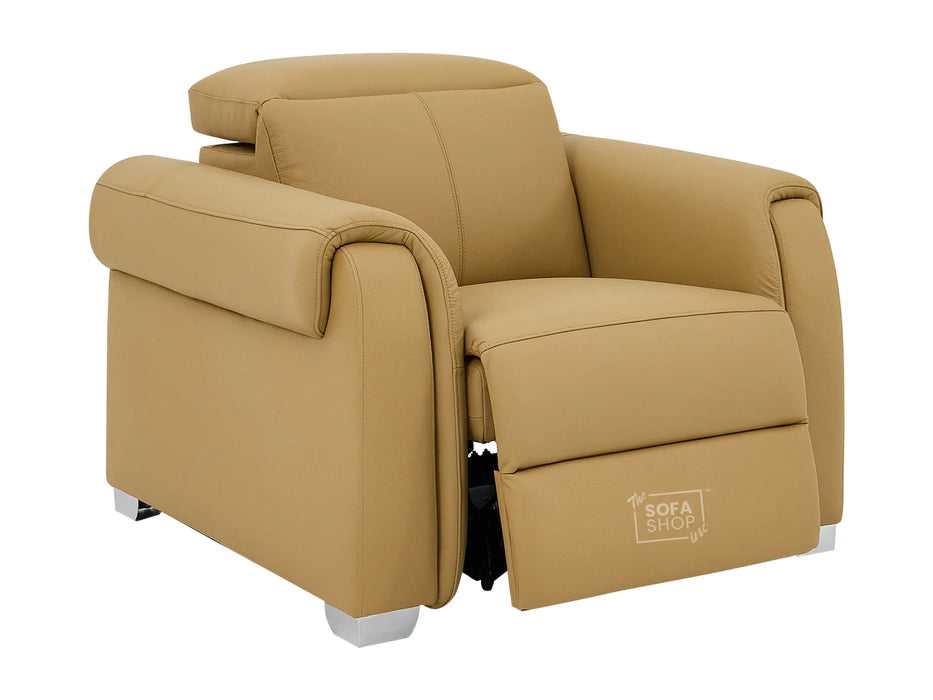 Real Leather Electric Recliner Chair In Tan | Hi-Tech Chair with Massage, Power Headrest + USB Charging Ports | Turin