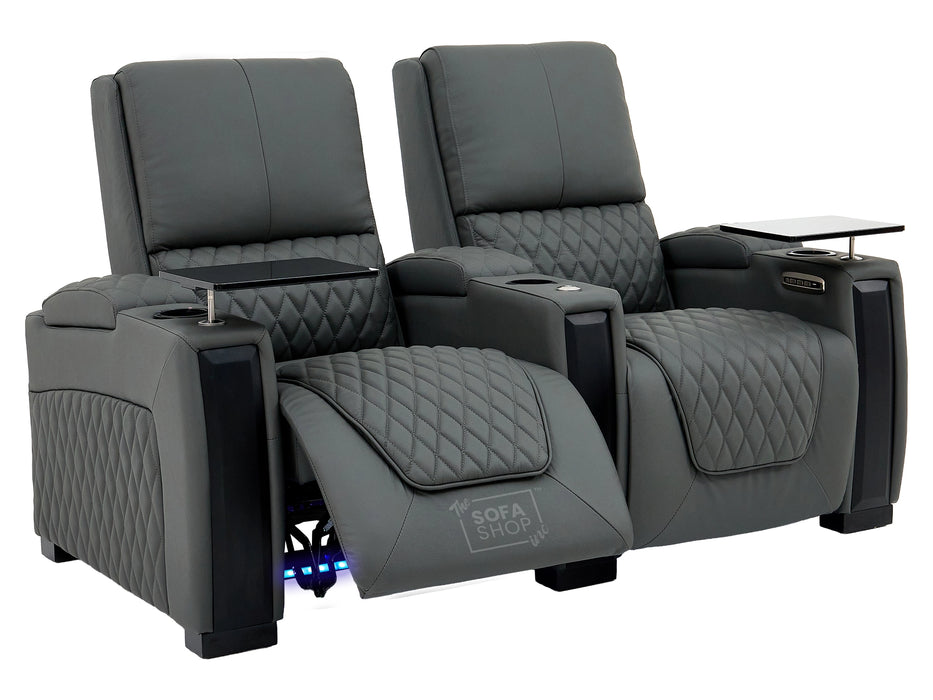 2 Seat Real Leather Electric Recliner Home Cinema Theatre Sofa In Grey With Multi-Position Reclining + LED Cup Holders & Lumbar Support | Assisi