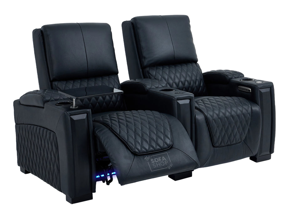 2 Seater Cinema Sofa in Black Real Leather | Luxury Theatre & Home Cinema Seating | Electric Recliner With Cooling Cup Holders + Lumbar Support | USB Charging + LED Lights | Assisi