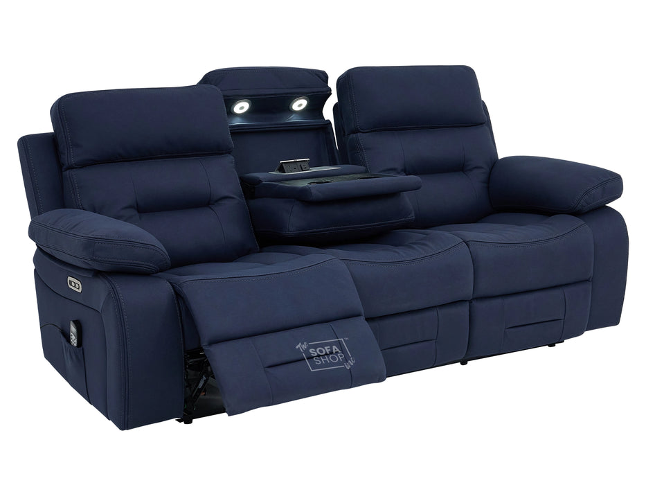 3+1 Electric Recliner Sofa Suite in Blue Resillience Fabric | Hi-Tech Cinema Set with Massage, Drop-Down Table, Power Headrest, Power Recliner, Storage Drawer, USB & Wireless Charging | Sicily