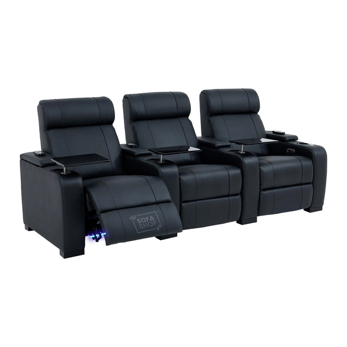 3 Seater Black Real Leather Power Recline Cinema Sofa | Hi-Tech Sofa With 8-Point Vibration Massage, Heated Lumbar & Cooler Cup Holders | Rimini | The Sofa Shop