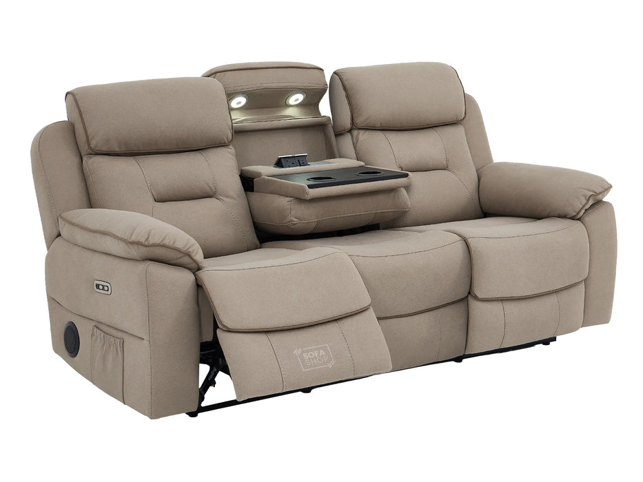 3 Seater Electric Recliner Cinema Sofa in Beige Fabric | Power Recliners with USB+C, Massage, Bluetooth Speaker, Fold-Down Table & Storage | Florence Series One