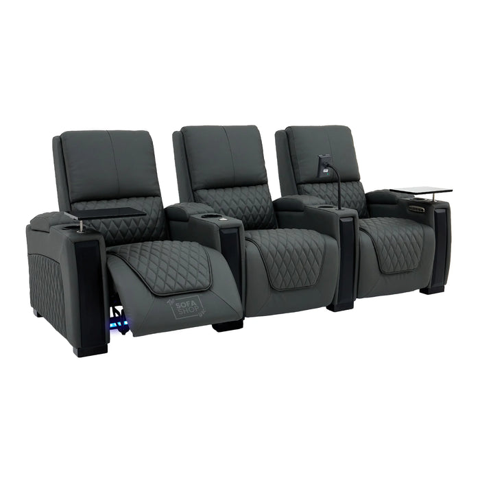 3 Seat Real Leather Electric Recliner Home Cinema Theatre Sofa In Grey with Chilled Cupholder + USB C to Stay Charged + Fully Reclining Seats & Lumbar Support | Assisi
