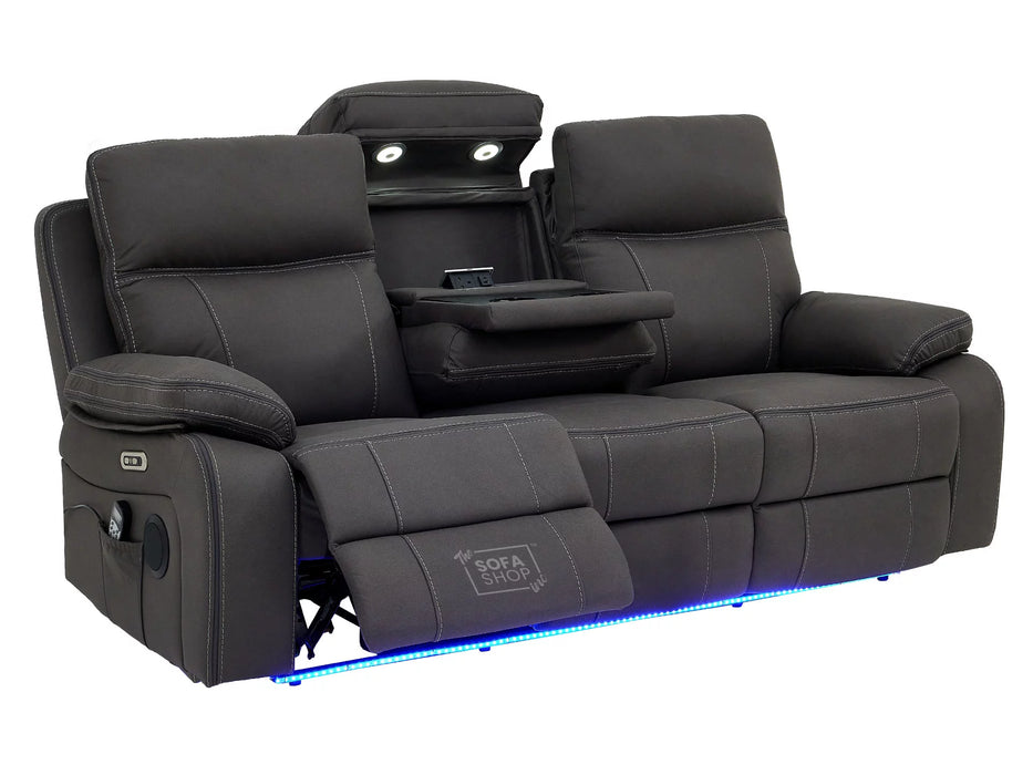 3 Seat Electric Recliner Home Cinema Theatre Sofa | Fabric Couch In Grey with Massage + Cupholders + Table + USB + Speakers | Vinsonova | The Sofa Shop