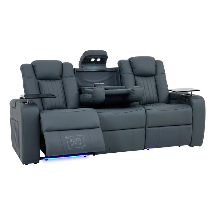 3 Seater Real Leather Recliner Sofa In Blue | Cinema Sofa with Massage, Heating, USB Ports, Drop-Down Table, LED Lights & Massage | Capri | The Sofa Shop