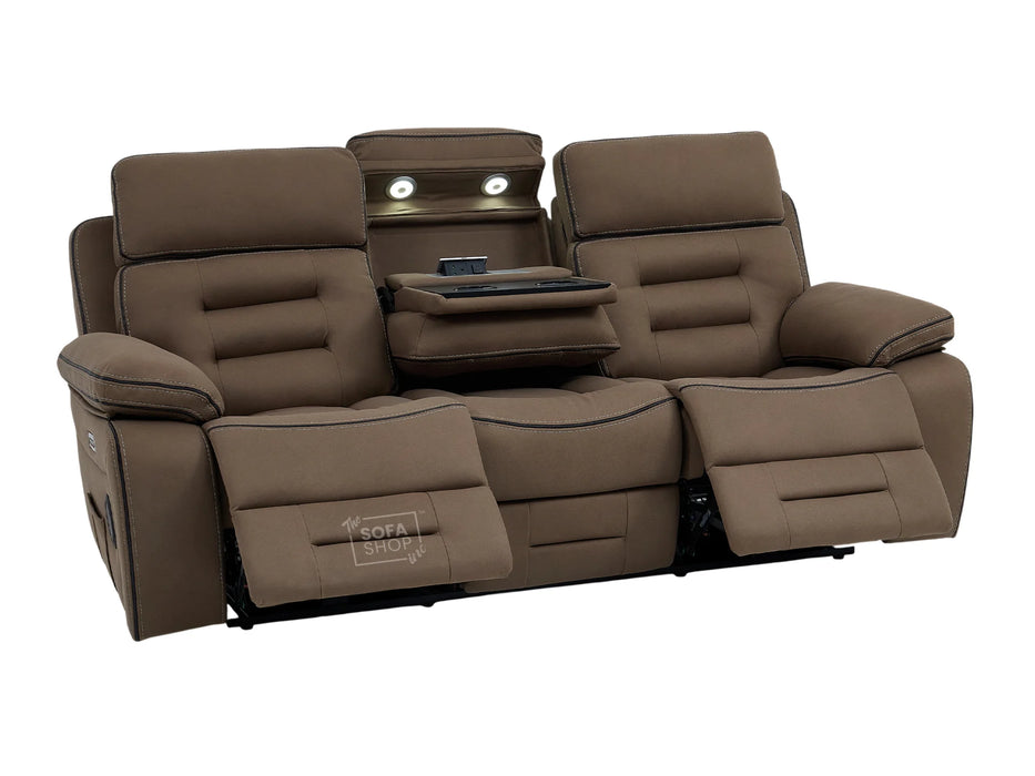 3 Seater Electric Recliner Cinema Sofa in Brown Fabric | Hi-Tech Sofa With 2 Power Reclining Buttons, Socket Set, Storage Drawer, Fold-Down Table, Bluetooth Speakers, Reading Lamps & Power Headrest | Tuscany | The Sofa Shop