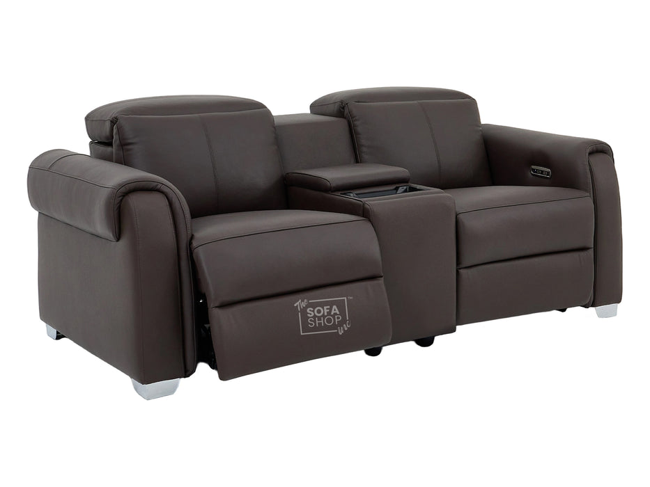 2 Seater Real Leather Electric Recliner Sofa | Cinema Sofa | Hi-Tech Sofa in Brown with Massage, Middle Console, Adjustable Headrests & USB | Turin | The Sofa Shop