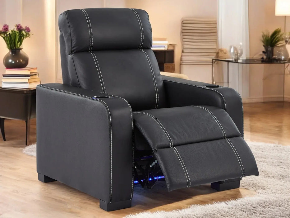 Cinema Recliner Chair | Home Theatre Seat in Black Genuine Leather With Cup Holders, LED and Power Recline | Catania | The Sofa Shop - 35