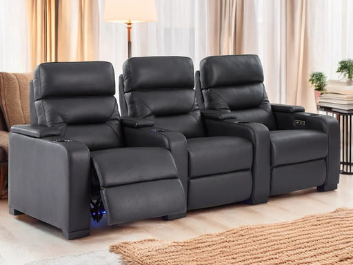 3 Seat Electric Recliner Home Cinema Theatre Sofa | Genuine Leather Couch in Black with Power Reclining, Power Headrests, LED Cup Holders & Storage Arms - 24