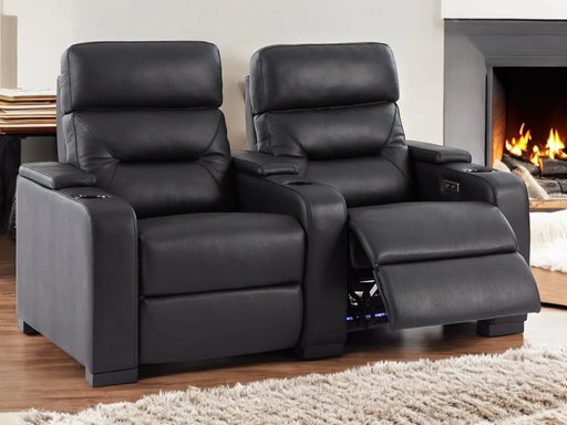 2 Seat Electric Recliner Home Cinema Theatre Sofa | Real Leather Couch In Black + LED Lights + LED Cupholders + Storage - Trapani - 26