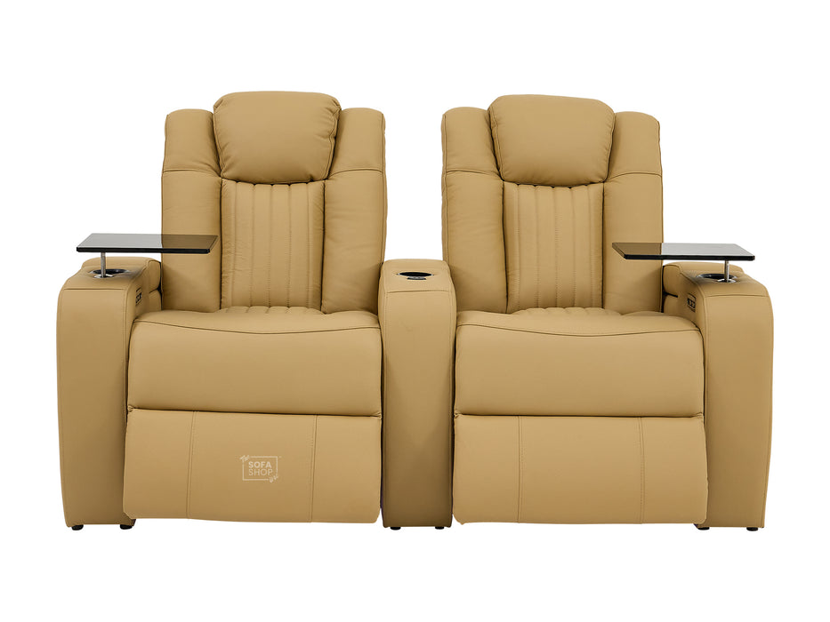 2 Seater Real Leather Electric Recliner Cinema Sofa in Tan | Recliner Settee With Massage, Power Headrests, Power Grommet & Tray Tables | Capri | The Sofa Shop