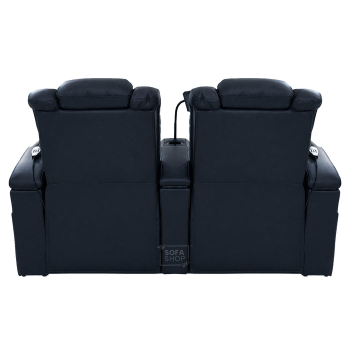 2 Seater Cinema Sofa in Black Real Leather | Hi-Tech Console Couch with Massage & Heated Lumbar, Wireless Charging, Heat & Cool Cupholders, Bluetooth Speakers & Multi-Link | Capri | The Sofa Shop